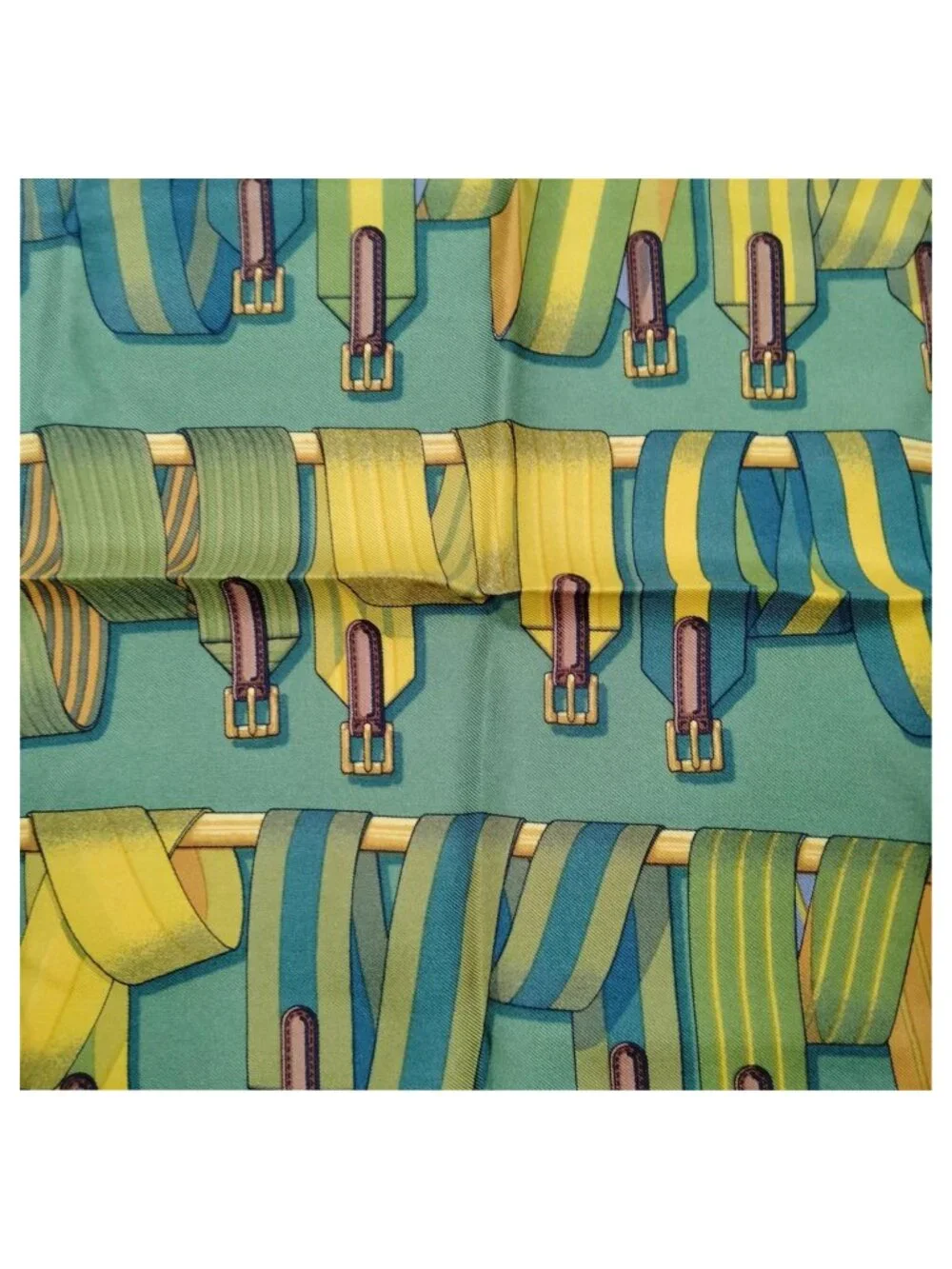 Authentic Hermès Les Sangles Carré 90 Silk Scarf Yellow Green